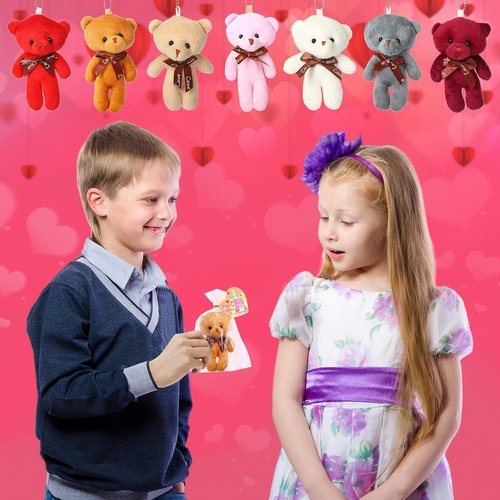 FunsLane 28PCS Valentines Day Gift Cards for Kids with Bear Plush Toys,Mini Stuffed Animal Plush Toys Keychains for Valentines Party Favor Supplies,Classroom Exchange,Game Prizes,Gift for boys girls