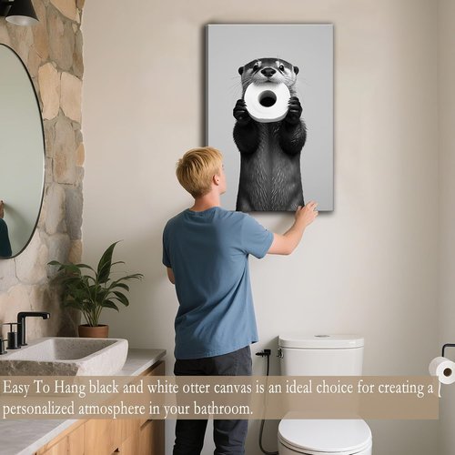 Funny Otter Wall Art by [Brand Name] - Humorous Black and White Canvas Print for Bathroom Decor | 12x16''