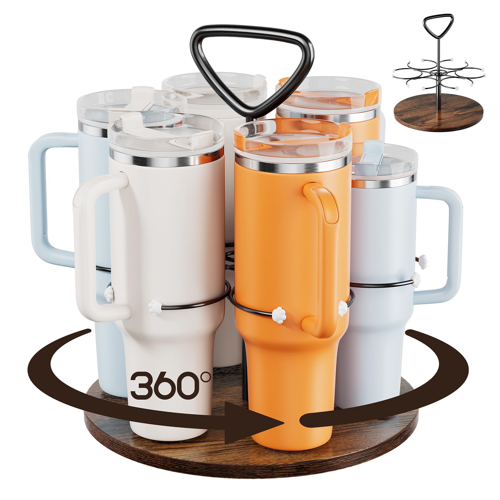 Delamu Water Bottle Organizer for Stanley Cup Organizer Holder Tumbler Storage with Wooden Turntable Base, Detachable Handle for Easy Carry, Stanley Cup Accessories for 40 oz 30 oz 20 oz Cup