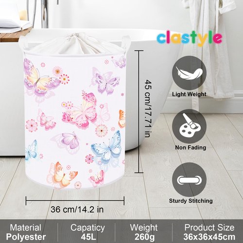 Clastyle Large Purple Pink Butterfly Laundry Basket Waterproof Flower Clothes Nursery Hamper for Baby Girl Collapsible Toy Storage Gift Basket for Kid Bedroom Decor