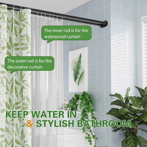 Double Shower Curtain Rod, Adjustable 28 to 76 Inches Wall Mounted Double Shower Rod Rustproof, Black Shower Curtain Pole for Bathroom, Laundry Room, Bathtub and more