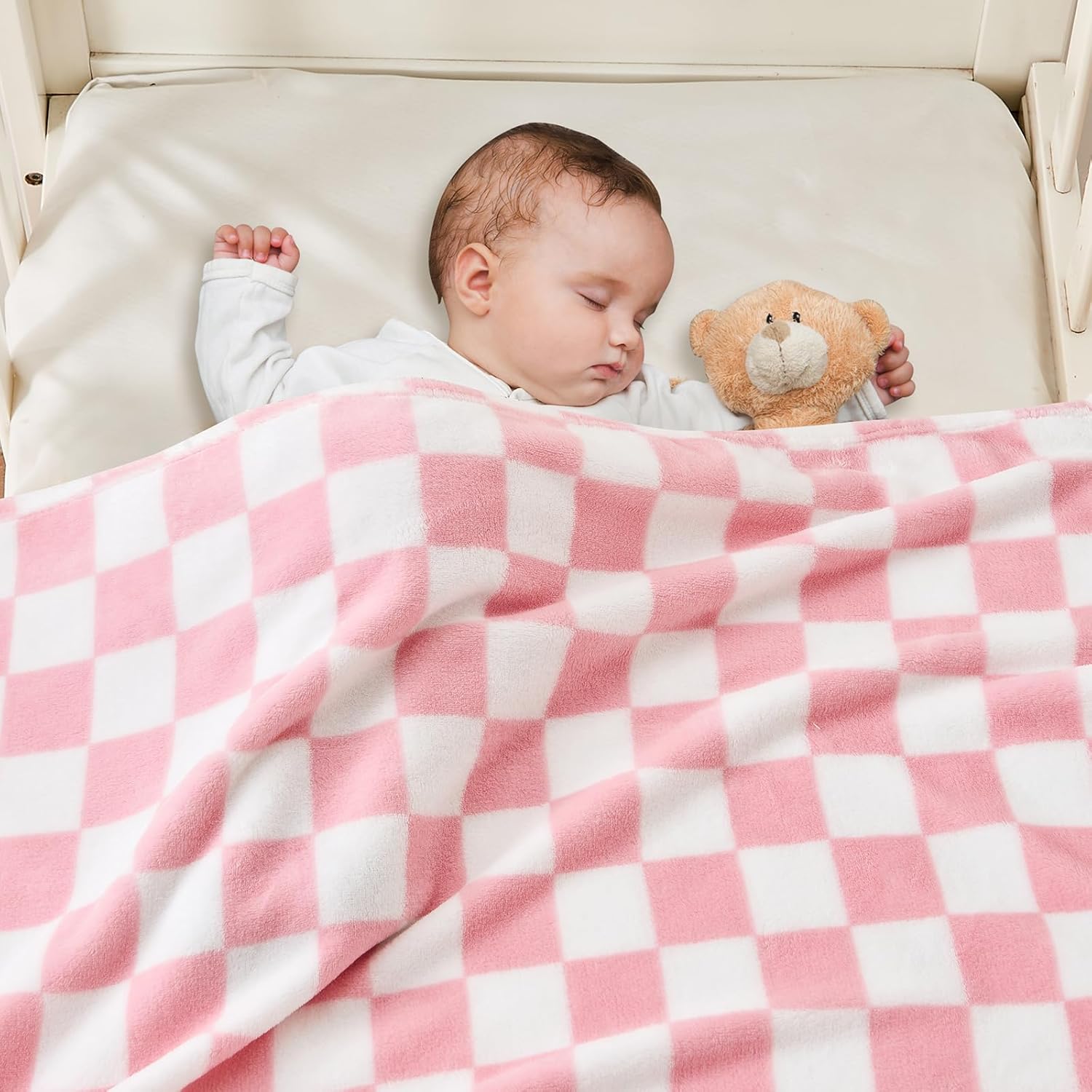 Yurhap Checkered Baby Blanket - Pink Fleece for Girls & Boys | Lightweight & Warm 30''x40''