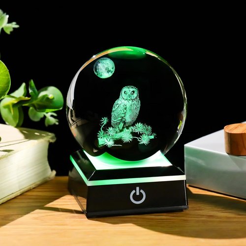 Arikyrist 3D Owl Crystal Ball Figurine - LED Base Night Light | Perfect Gift for Owl Lovers (80mm)