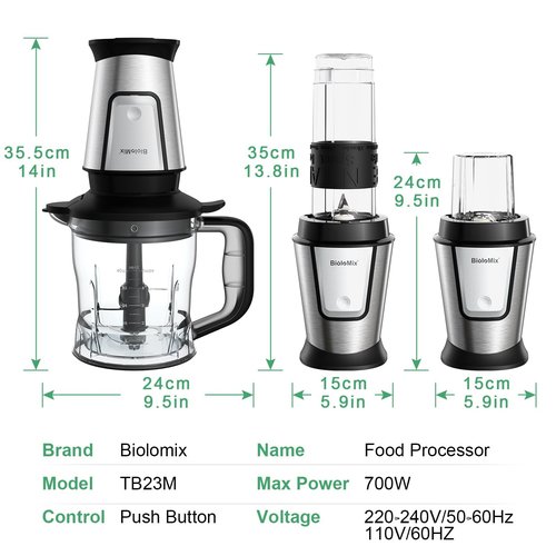 BioloMix Blender and Food Processor Combo, 700W Portable Juicer, Personal Blender, Meat Grinder, Food Processor, Coffee Spice Grinder, Meat Chopper, Smoothies, Fruits Mixer