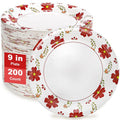 Hiceeden 9 Inch Disposable Paper Plates, 200 Count Heavy Duty Dinner Paper Plates, Holiday Plate with Red Flower Pattern for Daily Use, Soak Proof, Cut Proof, Microwavable