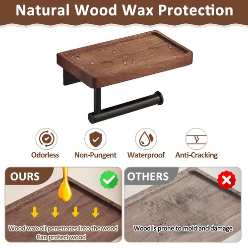 Toilet Paper Holder with Walnut Wood Shelf, Adhesive & Wall Mounted Toilet Paper Roll Holder, Black Stainless Steel Rustproof Toilet Paper Holder for Bathroom, Washroom, RV, Kitchen