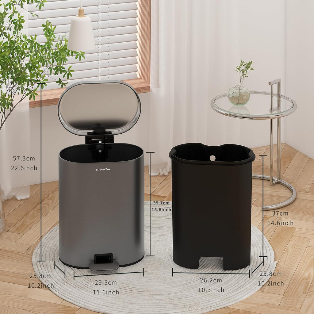 Skiennix 3.2 Gallon Stainless Steel Step Trash Can - Soft Close Lid & Removable Inner Bucket | Volcanic Gray