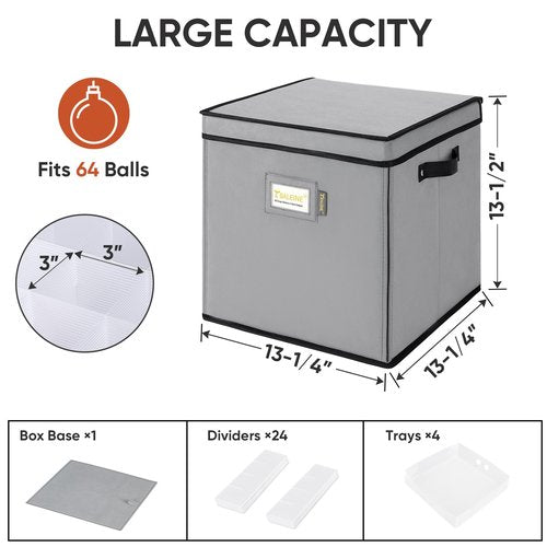 BALEINE Christmas Ornament Storage Box with Dividers, Premium Holiday Ornaments Storage Container Bin for Xmas Decorations (64 Ball, Black, Hard)