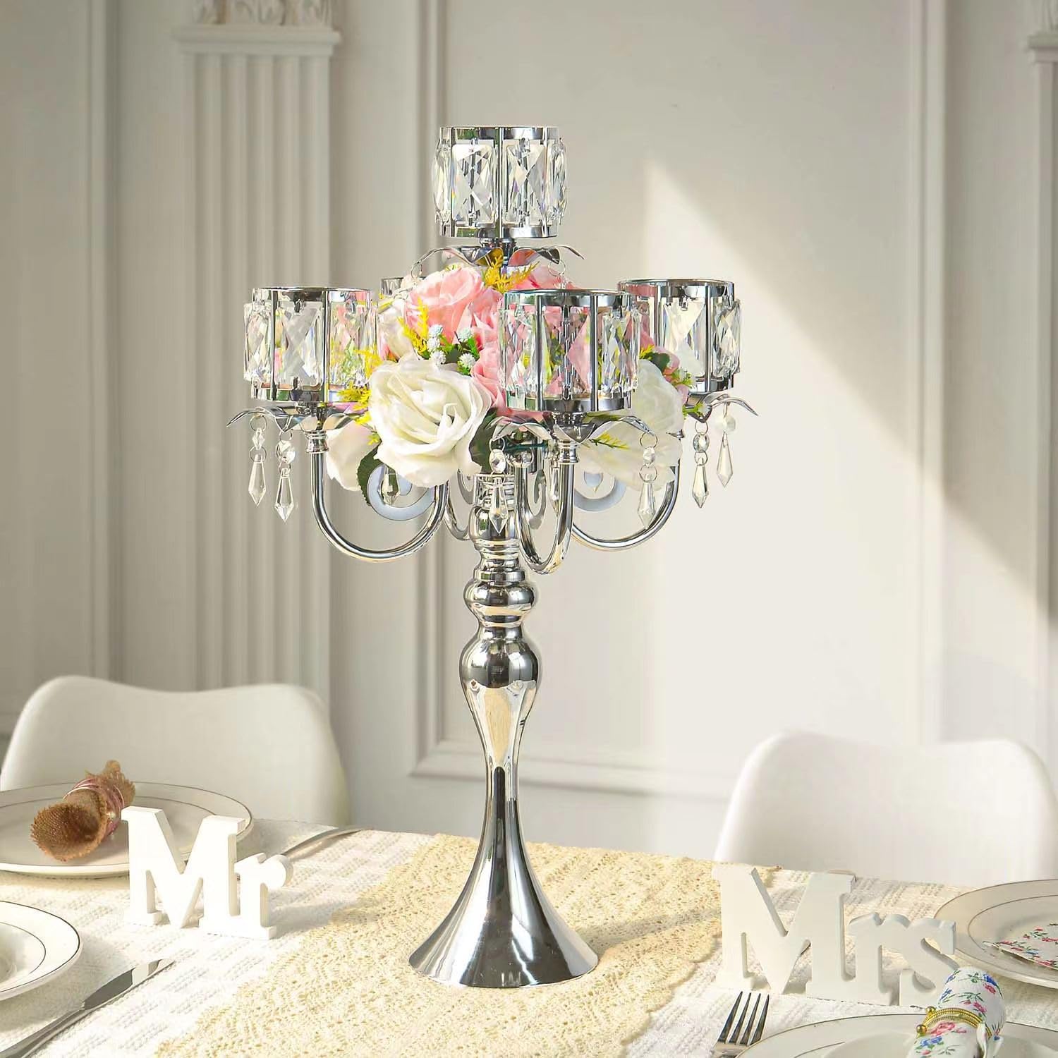 Regine Switzerland Silver 5-Arm Crystal Candle Holder - 22-Inch Elegant Table Centerpiece for Weddings & Home Decor