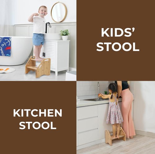 NABYTOK Wooden Step Stool for Toddlers and Adults, 300 lbs Capacity, Two Tier Bathroom Stool with Handles, Lightweight Non-Slip Pads, for Toilet, Sink or Kitchen Use