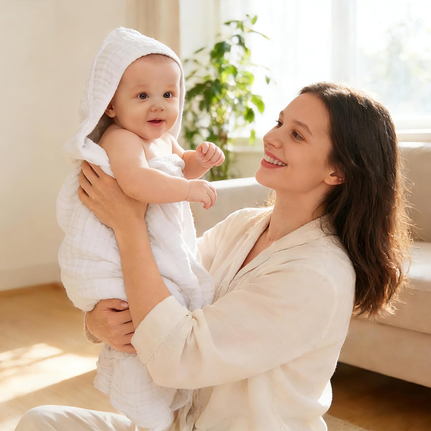 Sunny ZzzZZ Muslin Hooded Baby Bath Towels - 3 Pack of Soft 100% Cotton Pastel Towels | 32x32 Inch for Newborns & Toddlers