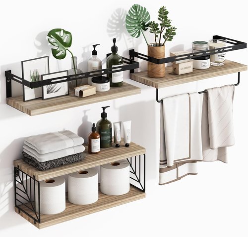 Fixwal Bathroom Shelves - Wall-Mounted Floating Shelves with Metal Frame & Towel Bar | Rustic Brown (3 Plus 1)