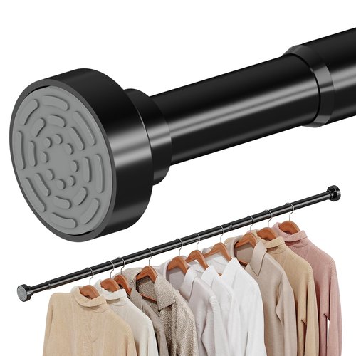 Supforce No Drilling Closet Rods for Hanging Clothes, Non Slip Tension Rod with Heavy Duty Clothes Hanging Rod, 17-69 Inches Adjustable Spring Closet Rod for Closet Wardrobe Bathroom Laundry RV, Black