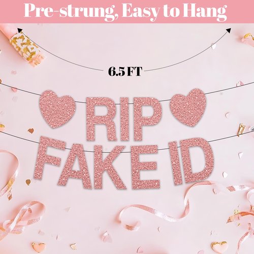 Yatufom 21st Birthday Decorations for Her, Pre-Strung 21st Birthday Rip Fake ID Banner 21 Balloon Hanging Swirls Paper Pompoms & Fans for Girl, Pink Rose Gold 21 Year Old Party Decor Supplies