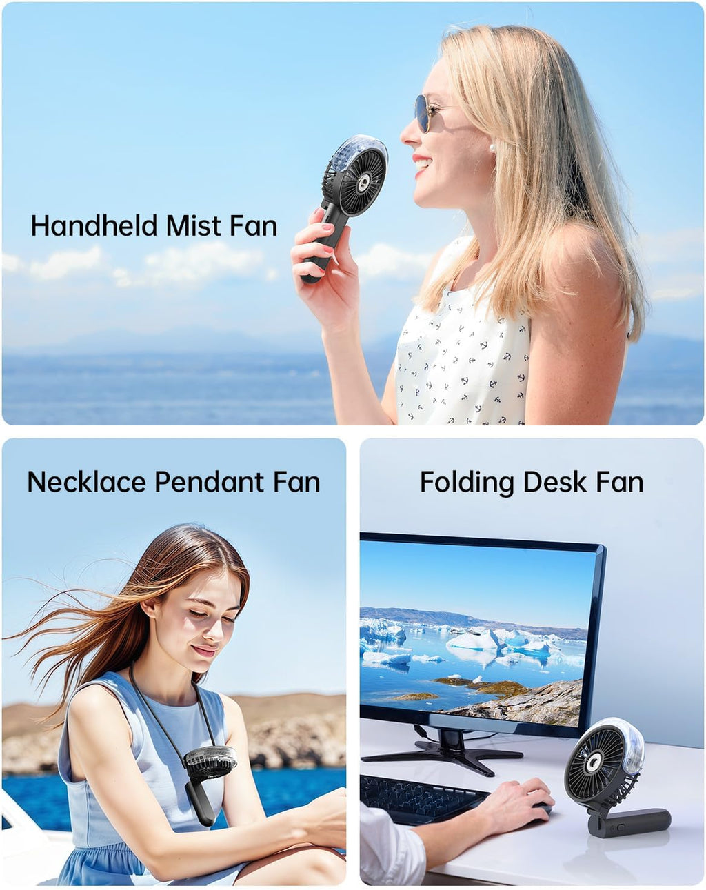 Sweetfull Portable Misting Fan - 180° Foldable Handheld Fan with Mist Spray, USB Rechargeable, 3 Speeds