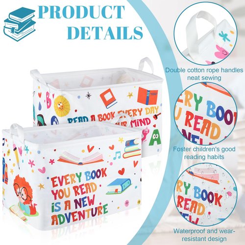 Domensi 4 Pcs Back to School Collapsible Book Bins Reading Book Basket 15.7 x 11.8 x 11.8 Inches Cartoon Kids Books Bin Storage for Classroom Library Nursery Room Rectangle Storage Bin Bedroom Toy