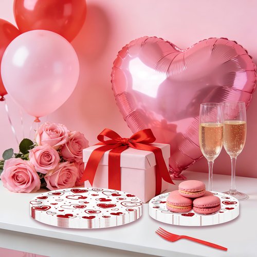 96 Pieces Valentine’s Day Tableware Set – Red Heart Disposable Plates, Napkins, and Forks for Romantic Dinners, Weddings, Anniversaries, and Love-Themed Parties – Serves 24
