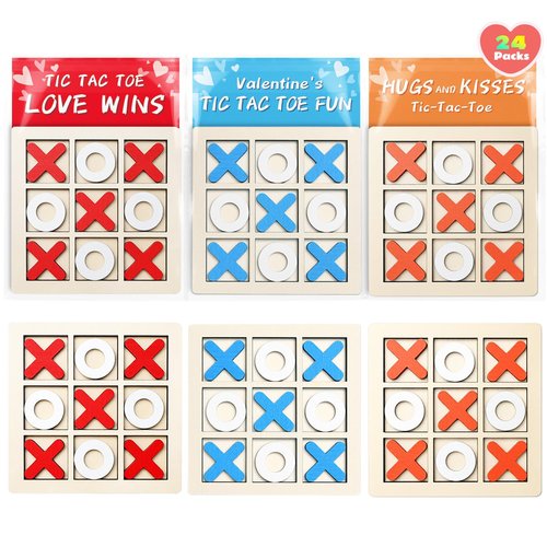 NAXYAN Valentines Day Cards for Kids School-24 Packs Valentines Gifts for Kids Classroom with Wooden Tic Tac Toe Valentine Gifts for Class Exchange Valentine's Party Favors