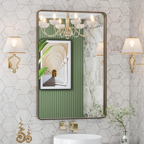 LOAAO Bronze Bathroom Mirror - 24”X36” Rounded Rectangle with Anti-Rust Brushed Metal Frame | Versatile Hanging Options
