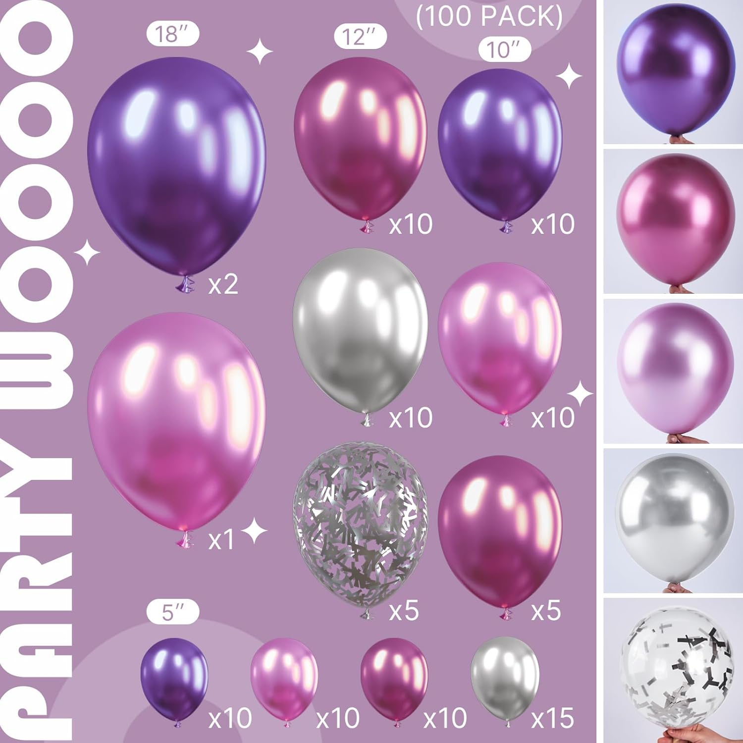 PartyWoo Balloon Garland - 100 Pcs Pink, Purple & Metallic Balloons | Perfect for Birthday & Party Decor