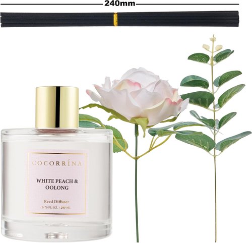 Cocorrína Flower Reed Diffuser - White Peach & Oolong 6.7oz Scented Home Fragrance with Sticks | Elegant Bathroom Decor