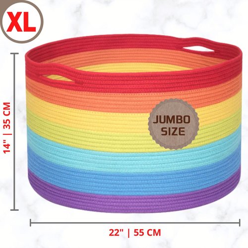 MINTWOOD Design Extra Large 22 x 14 Inch Rainbow Blanket Basket for Colorful Room Decor, Playroom & Classroom Storage Basket, Decorative Cotton Rope Basket, Toy Storage Baskets & Rainbow Storage Bins