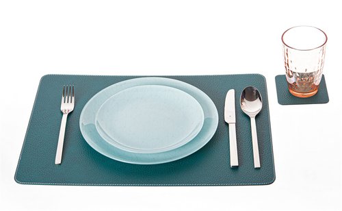 Nikalaz Set of 4 Placemats and 4 Coasters Made of Recycled Leather (18''x13'', Petroleum Green)