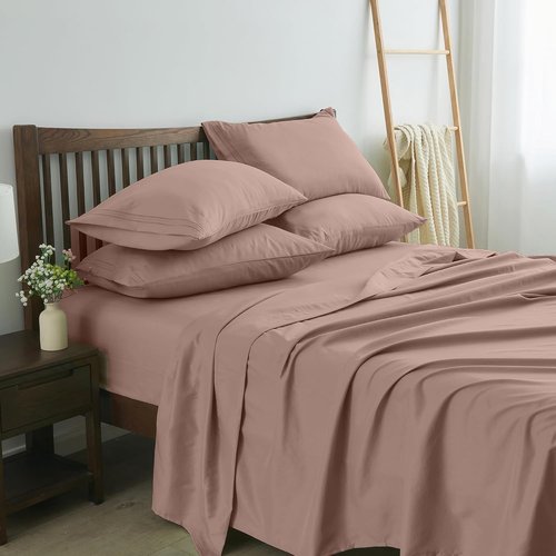 Linenline King Size Sheet Set - Soft & Breathable Bamboo Rayon | 16-Inch Deep Pocket, Dusty Pink, 6-Piece