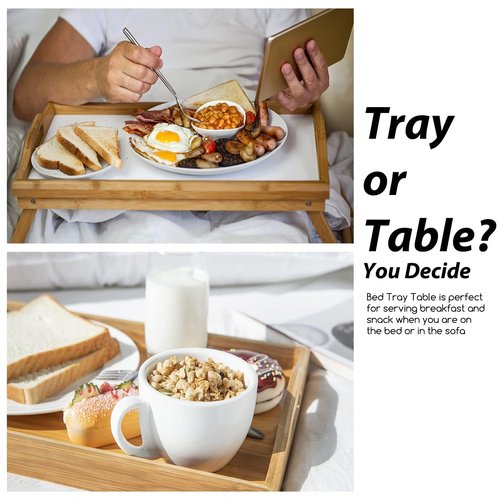 MorTime Bed Tray Table with Folding Legs, Bamboo Breakfast Tray with Handles for Bed, Sofa, Eating, Working, Foldable Laptop Desk Food Snack Tray Serving Tray