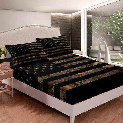 American Flag Camo Bedding Set Queen,Military Hunting Bed Sheets Rustic Tree Leaves Camouflage Bed Sheet Set For Boys Teens Kids Man Nature Conifer Oak Branches Fitted Sheet & Flat Sheet 4 Pcs