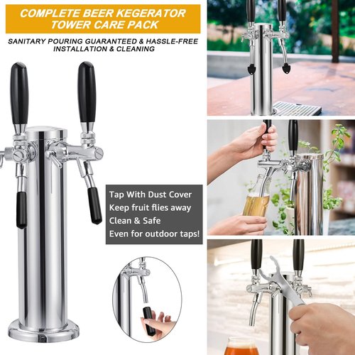 FERRODAY Upgraded Long Shank Adjustable Faucet Kegerator Tower Dual Faucet Beer Tower Double Tap Beer Tower Dispenser Beer Tap Kegerator Parts Pre-assembled Lines 3" Keg Tower Beer Keg Tap