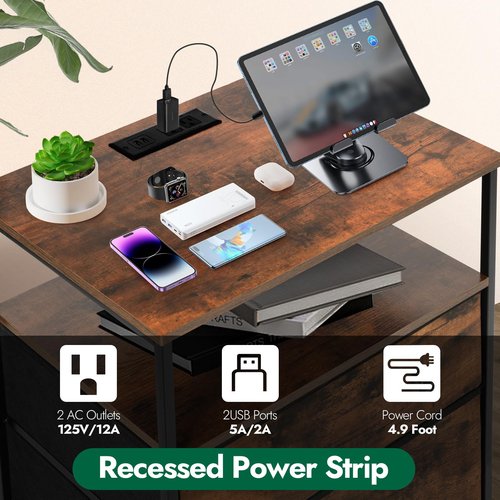 PATAVOT 3 Drawers Dresser with Charging Station, 24 Inch Wide LED Night Stand with Adjustable Fabric Drawer, Nightstand with Storage Shelf for Living Room/Bedroom/Office, Rustic Brown.