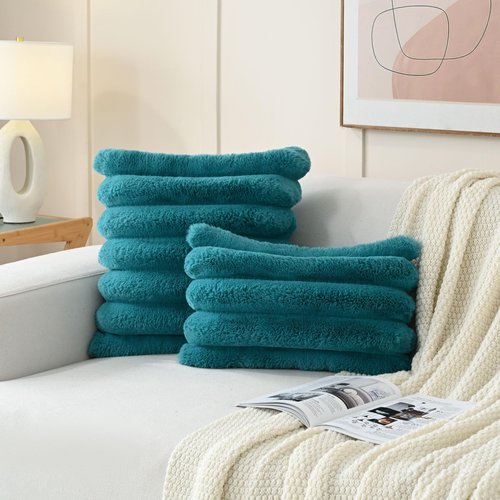 HAUSSY Faux Fur Throw Pillow Covers 18x18 Inch Set of 2,Decorative Striped Neutral Pillow Cases Soft Plush Couch Pillow Covers,Home Decor for Sofa,Bed, Living Room,Teal