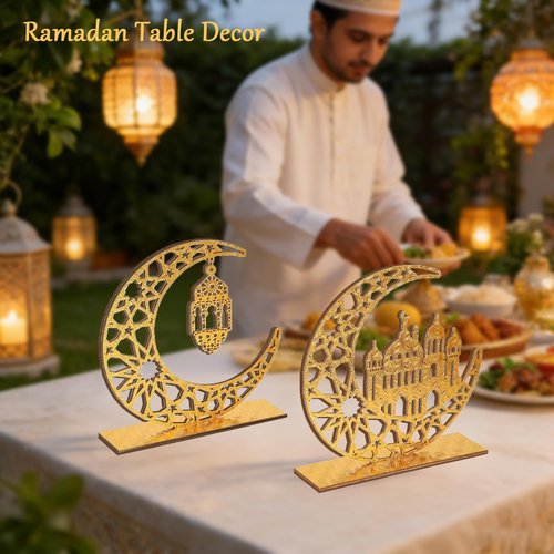 Ramadan Decorations, 2 Pieces Wood Ramadan Decorations for Home, Gold Islamic Crescent Moon & Mosque Table Sign, Ramadan Mubarak Kareem Home Decor Art Craft for Muslim, Eid Centerpieces Decor