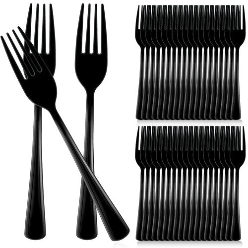 Minatee 50 Pcs Plastic Forks Disposable Cutlery Heavy Duty Dinnerware Plastic Silverware Flatware for Parties Supplies Dessert Picnics Holiday House(Black)