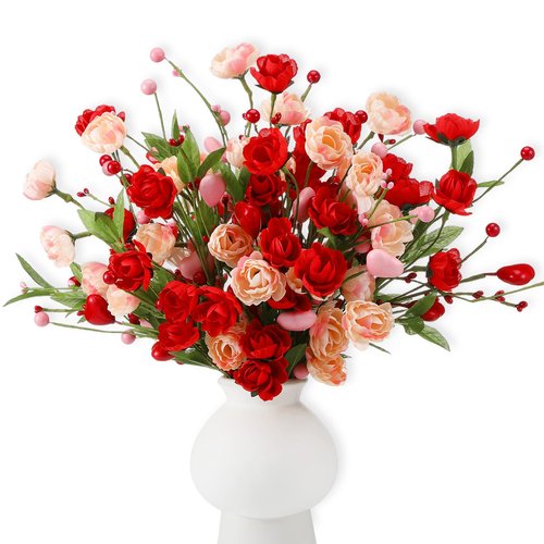 Suncalla 12 Pcs Valentines Day Decoration Rose Floral Picks 16 Inch Red Pink Heart Artificial Flower Berry Stems Flower Branches for Valentine's Day Wedding Anniversary Vase Table Centerpieces Decor