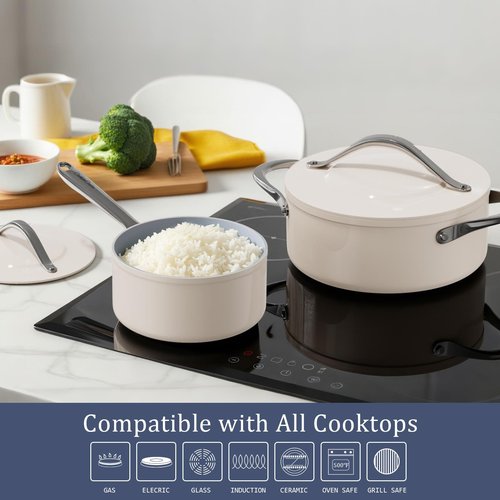 CookinCraze Stock Pot 4.5qt Dutch Oven Pot with Lid (9.5"x 4") Nonstick Ceramic Coated Cooking Pot Even Heat Distribution for Braising, Baking Bread & Soups, Compatible for All Cooktops, Cream
