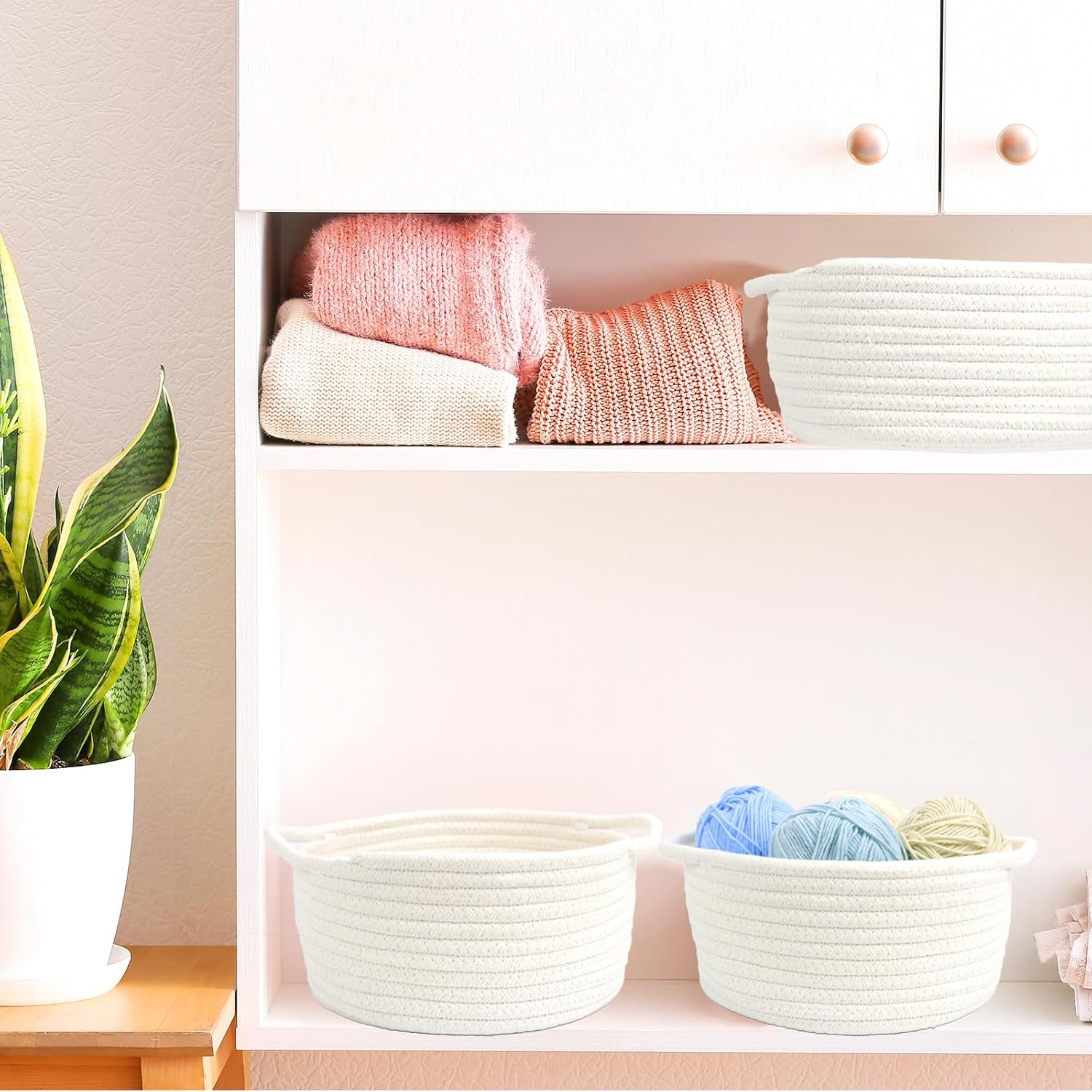 Woven Basket by [Brand Name] - Cute White Storage Solution with Handle | Small Cotton Rope Bin for Nursery
