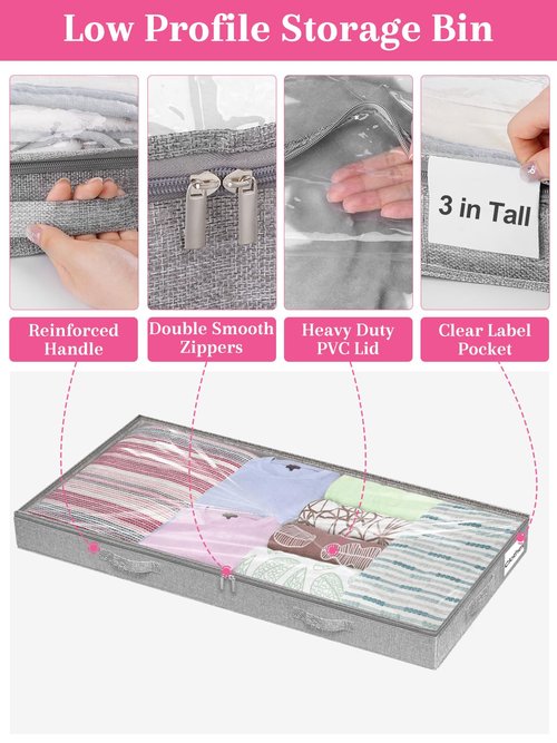 3-Inch High Under Bed Storage Containers, Low Profile Underbed Bins, NO RIGID STRUCTURE, Foldable Clothes Storage Organizer w/Lid & Zipper, Shallow Storage for Low Beds, Couches & Cribs, 2-Pack, Gray