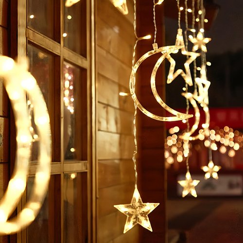 Moon and Stars Decor Curtain Lights, 11.5ft String Lights for Bedroom, Christmas, Ramadan Decor, Indoor LED Fairy Twinkle Light, Battery Operated or USB Plug-in (Warm Yellow + Remote)
