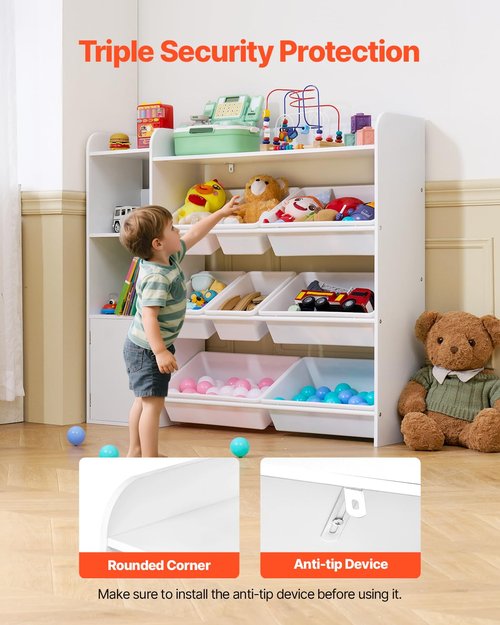 VEVOR Kids Toy Storage and Bookshelf, 4-Tier Toy Storage Organizer with 8 Flexible Plastic Bins, Kids Cubby Cabinet with Bookshelf for Study Room, Bedroom, Playroom, Classroom, Nursery, White