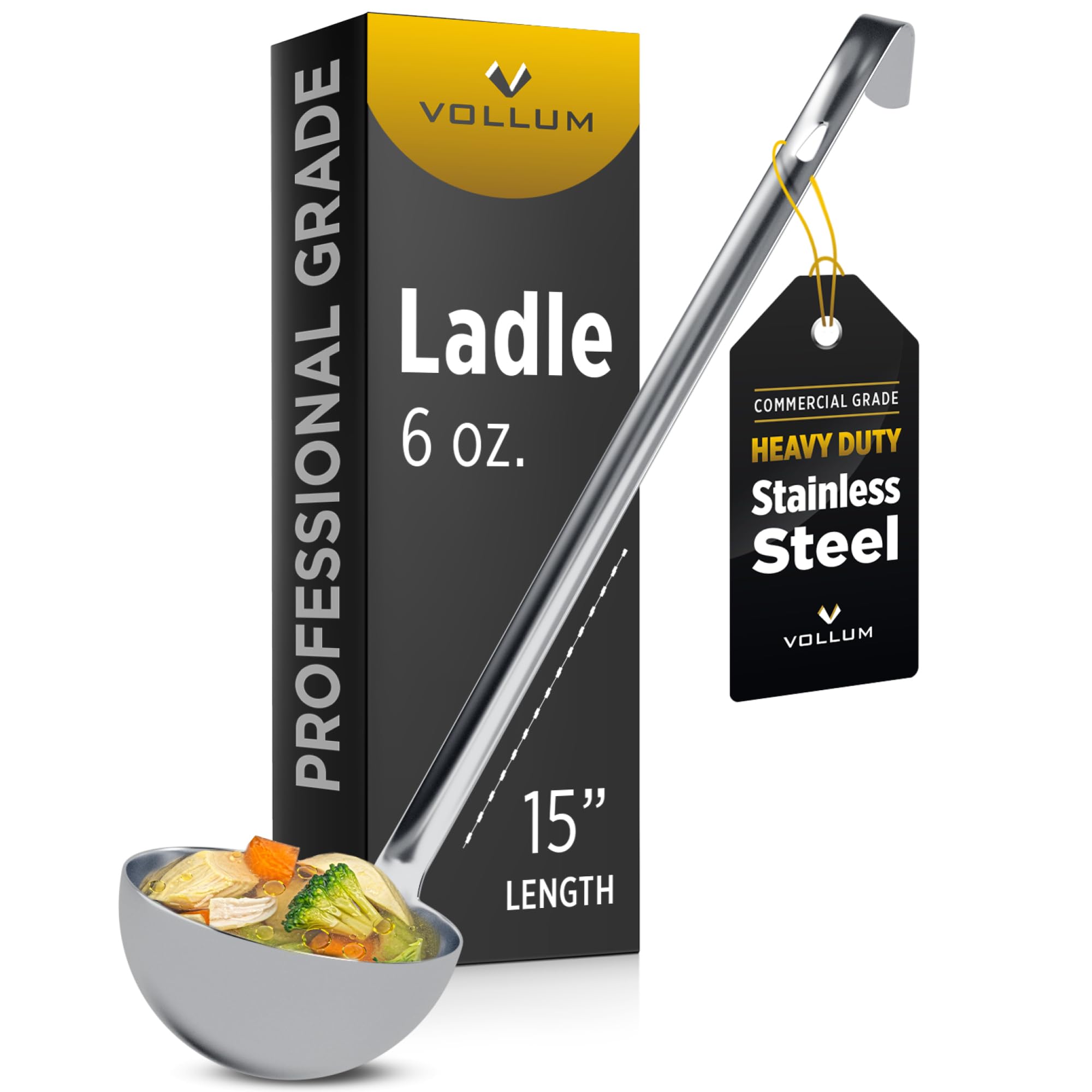 Vollum Metal Ladle Stainless Steel – Heavy Duty One-Piece Large Soup Ladle with Long Handle for Gravy, Stew, Sauce – Kitchen Utensils for Cooking - 6 Ounce (3.6" Bowl Diameter, 12.1" Handle Length)
