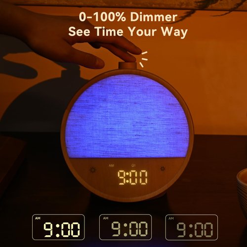 Vivilumens Wood Grain Sunrise Alarm Clock, Gentle Wake-Up Light Sound Machine, Dual Alarms for Heavy Sleepers, Natural Sounds, RGB Mood Light, Dimmable Bedside Night Lamp, Ideal for Bedroom & Gifts