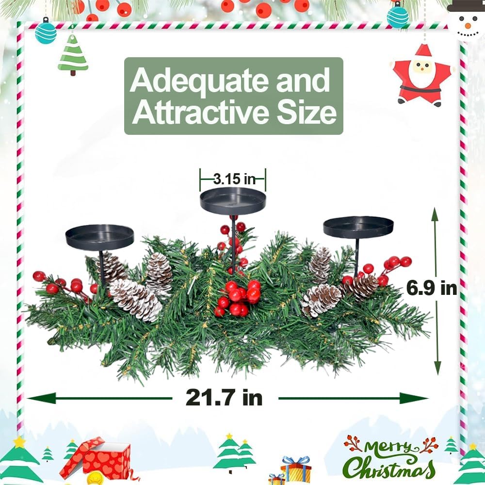 Regine Switzerland Christmas Table Centerpiece - 21.7" Candle Holders with Iron Trays & Red Berries | Holiday Home Decor