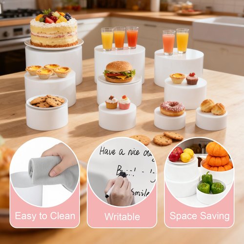 Buffet Risers,Food Risers for Buffet Table Display Stand Shelf for Party Catering Desset Jewelry Collectibles Acrylic Cube Boxes Display Nesting Risers with Hollow Bottoms White (circle, 10 pcs)