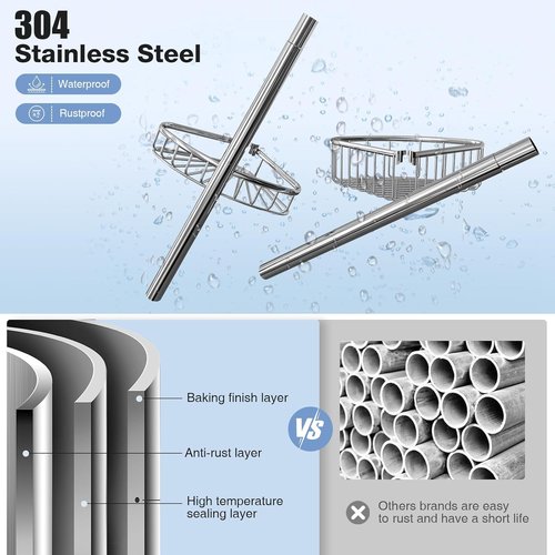 Corner Shower Caddy Tension Pole - Stainless Steel 4-Tier Rustproof Organizer | 47-121 Inch Adjustable Bathroom Shelves for Shampoo Storage - Silver