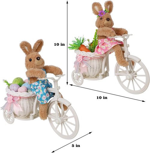 Juegoal Easter Tabletop Decorations - Set of 2 Cute Bunny Couple Figurines | 10" Rabbits on Bike