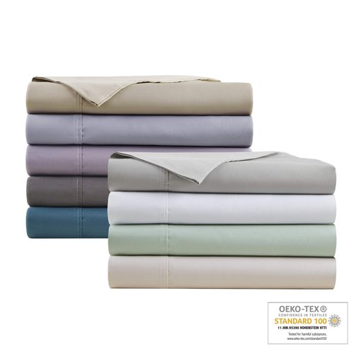 Madison Park 600 TC Cooling Cotton Blend Solid Sheet 16 Inch Deep Pocket, All Season, Soft Bedding-Set, Matching Pillow Case, Queen, White 4 Piece.