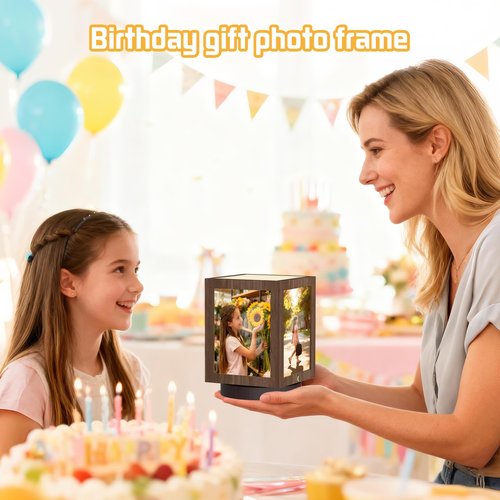Mixoo 4x6 Picture Frame Light , Vintage Rotating Photo Frame Tabletop Lamp, Touch Desk Lamp for Bedroom Bedside, Table lamps for Office Family Retirement Anniversary Mother's Day Birthday Gifts for Women Men (Wooden Brown)
