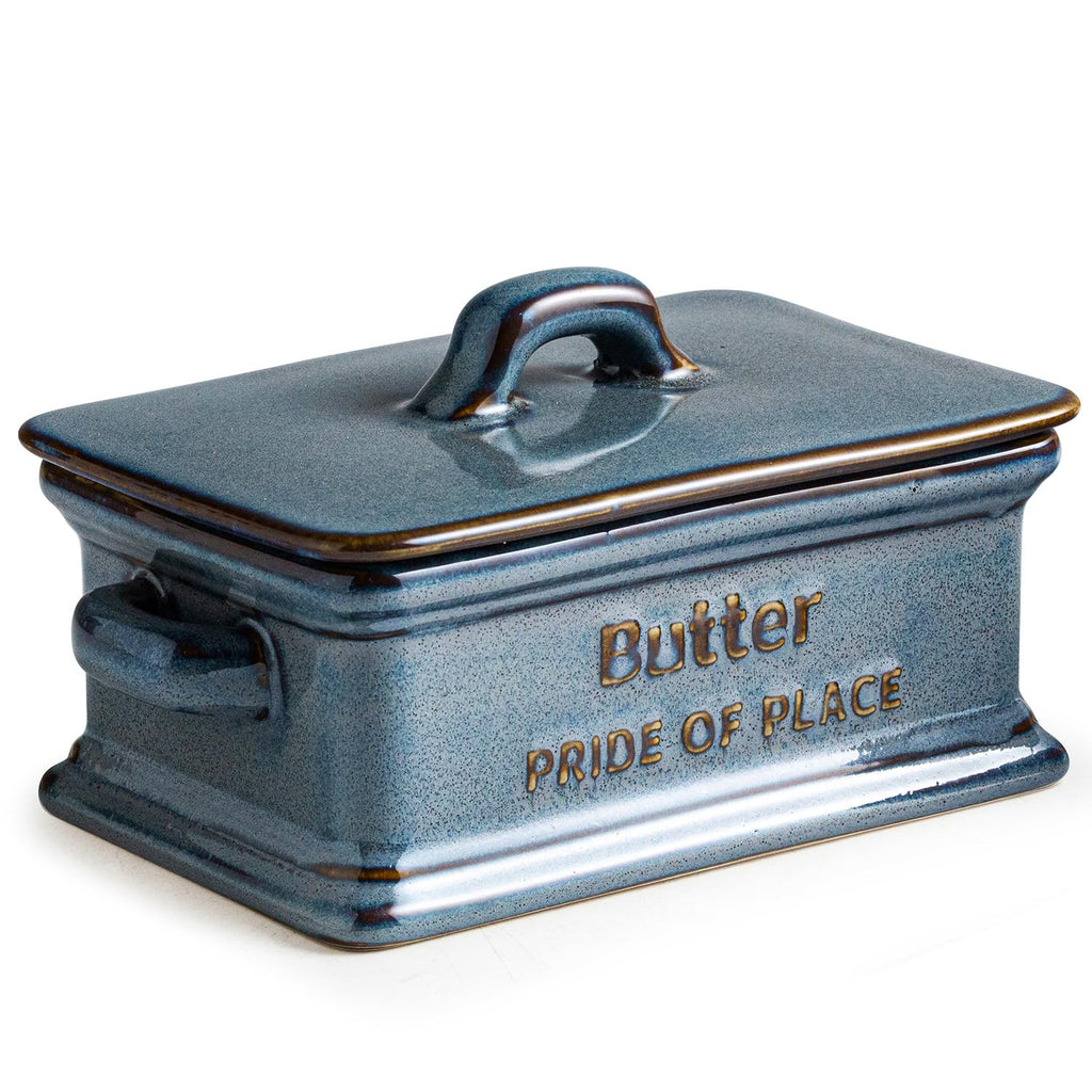 Zoeeker Butter Dish with Lid, Porcelain Butter Dish for Countertop Large Butter Keeper Butter Holder Container for East West Coast Butter, Farmhouse Decor for Mother's Day, Blue